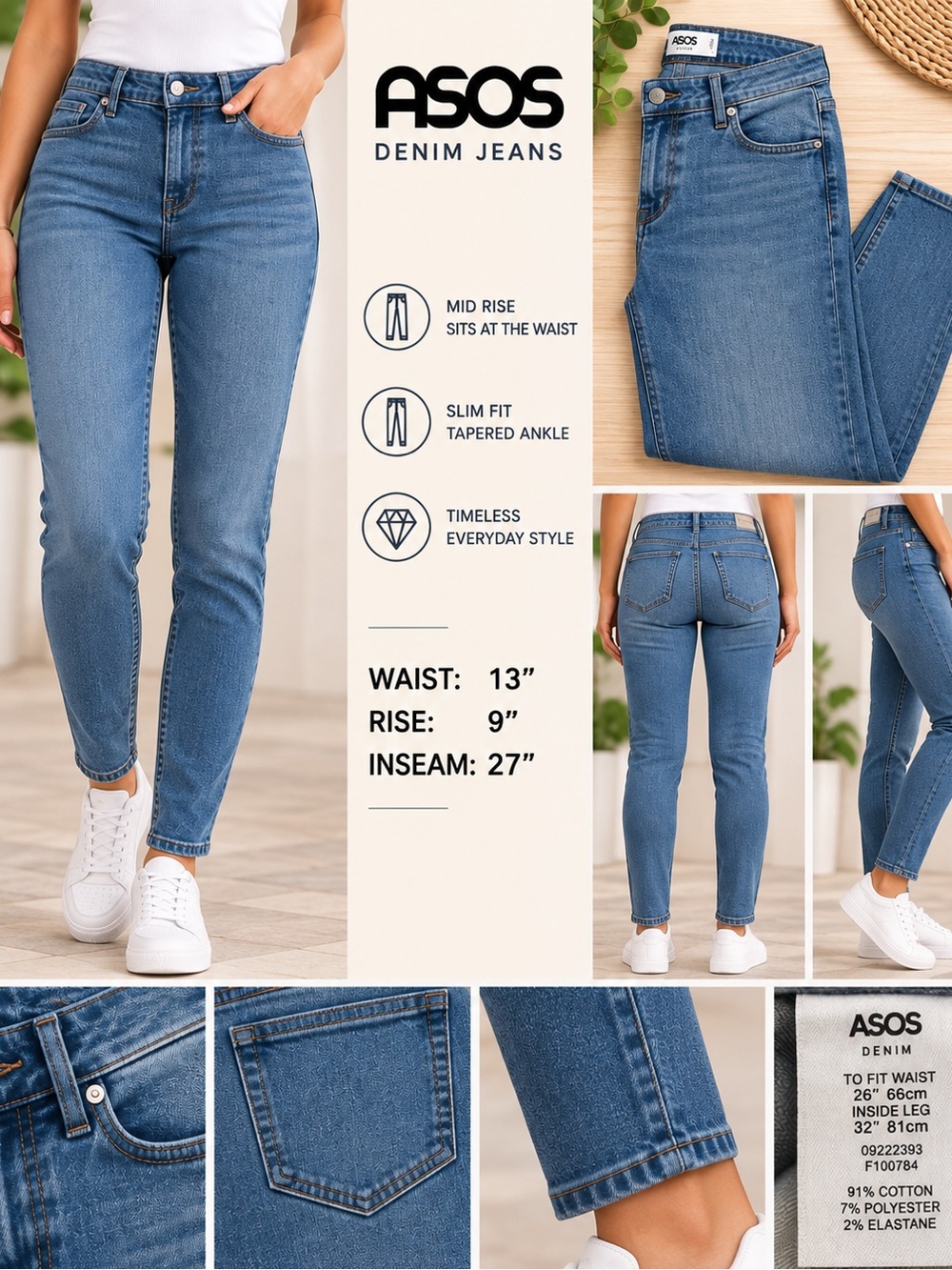 ASOS High-Rise Slim Fit Blue Denim Jeans